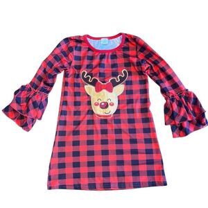 Girls' Christmas Reindeer Plaid Dress Size 5 Long Sleeve Holiday Party